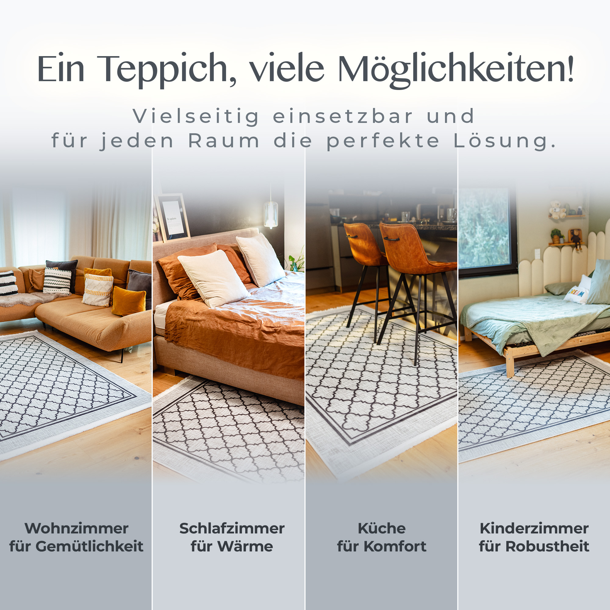 Wohnbeispiele mit dem Teppich Bern: Wohnzimmer, Küche, Kinderzimmer