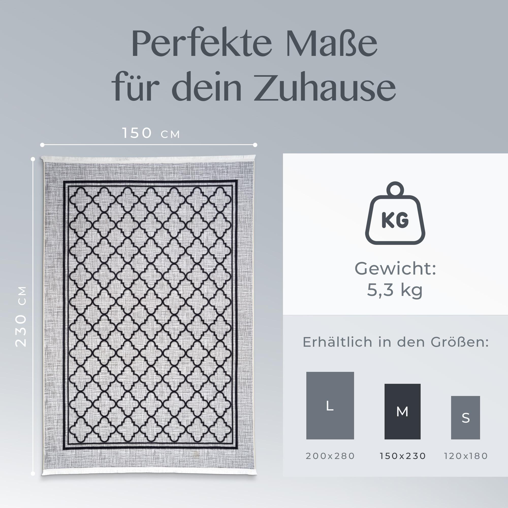 Größen- und Gewichtsangabe für den Teppich Bern: 150x200 cm, 6,3 kg